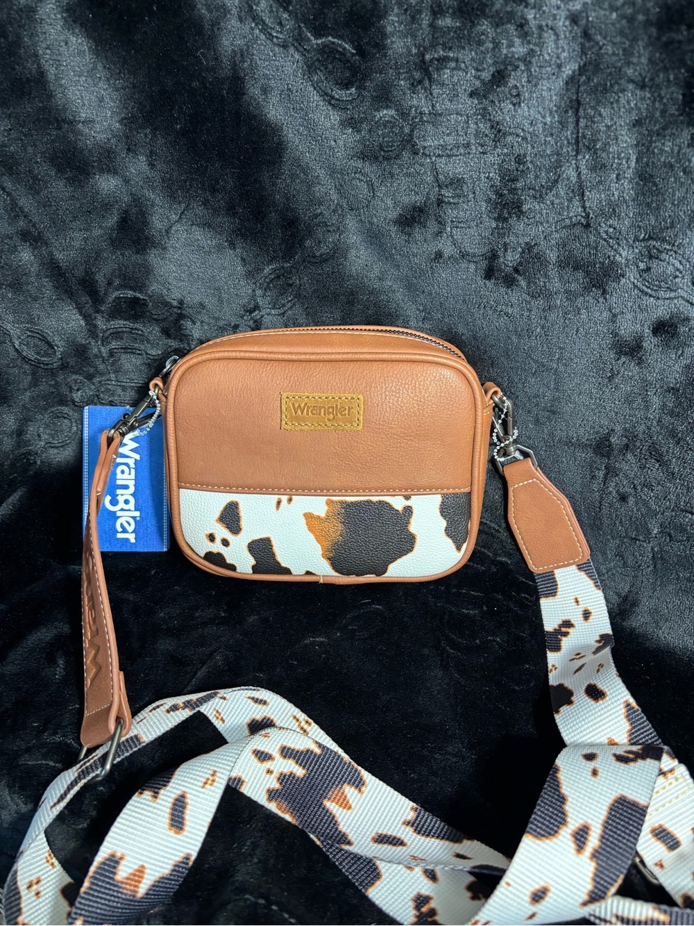 Wrangler Tan Leather Cow-Print Crossbody Belt Bag